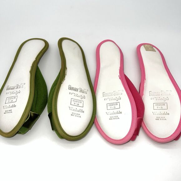 NIB 2 Pairs of Women’s VTG Madye’s Slippers w/Velvet-Satin Accent Green/Pink 7-8 - Picture 15 of 16
